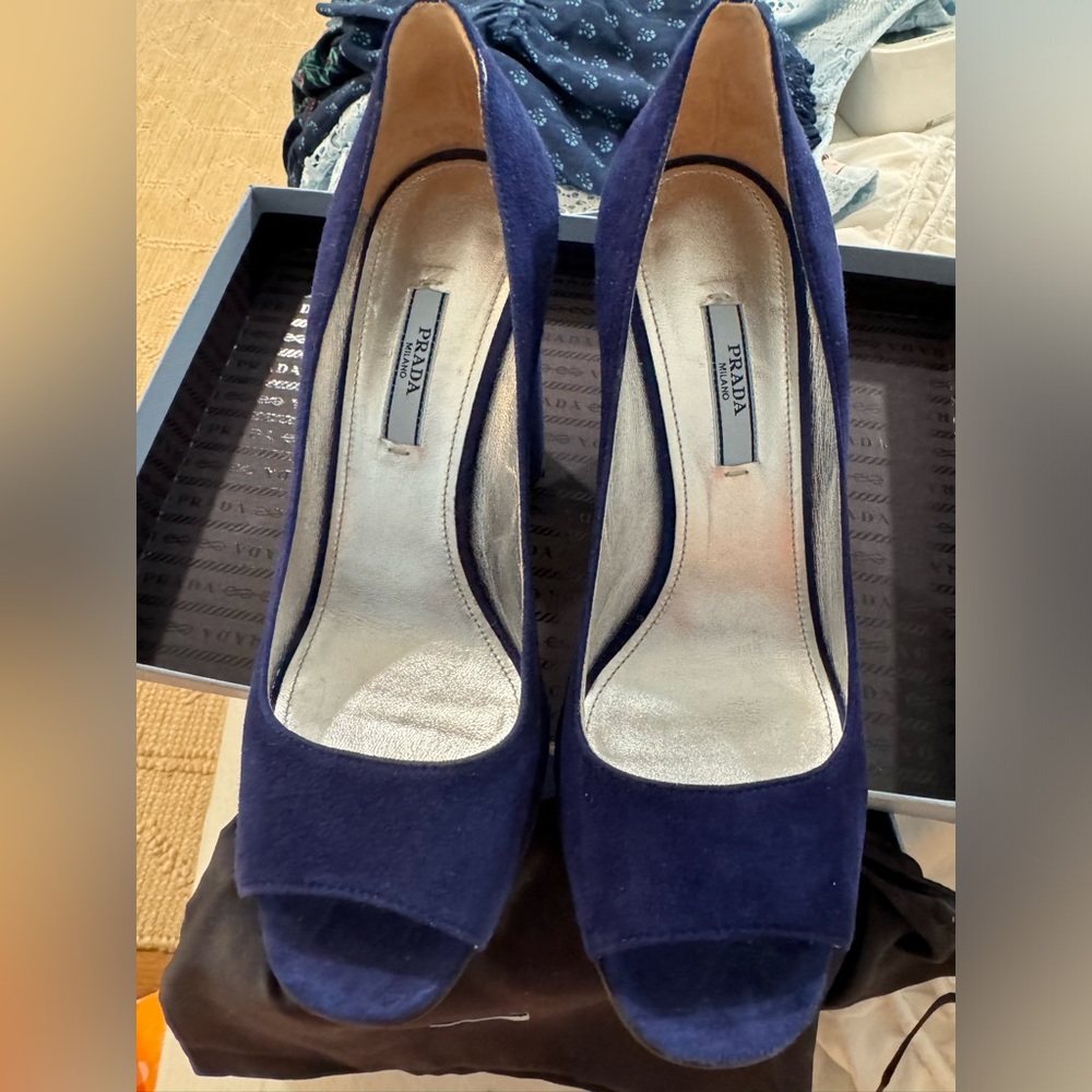 Prada blue suede peep toe pumps